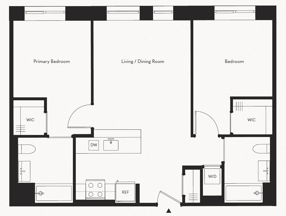 Floor plan for 2 beds, 2 baths, 936 sqft